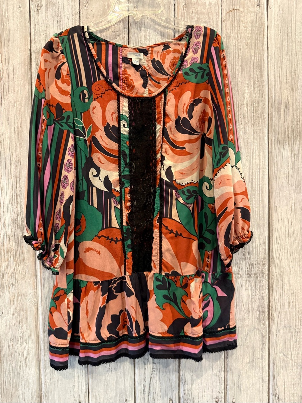 Anthropologie Odille Vibrant Floral Peasant Top with Black Lace Panel